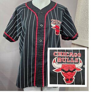 Starter Chicago Bulls Kids Button Shirt L Jersey Black Red Stripe Basketball NBA